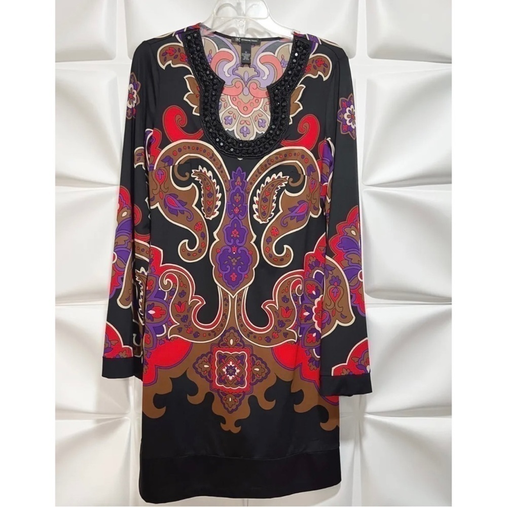 INC International Concepts Sz M Black Paisley Floral Horseshoe Slinky Dress